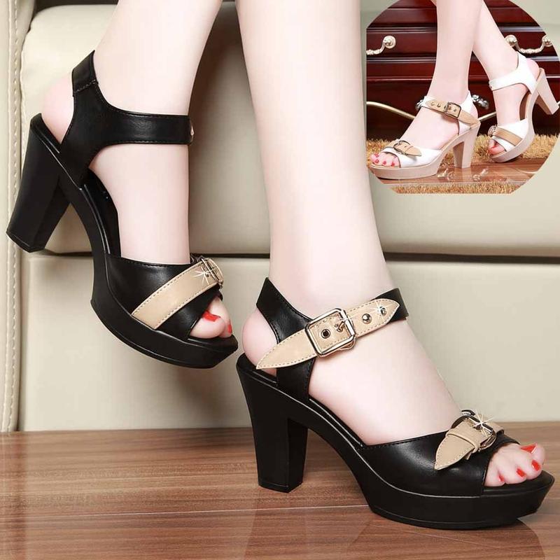 Giày cao gót đế xuồng phối quai nâu- CG360