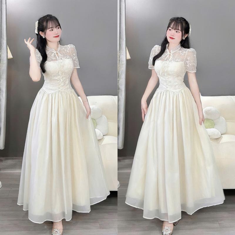 Đầm váy nữ ren hoa thiết kế tay ngắn cổ trụ đính nút ngọc phối tơ dáng dài xòe Có Mút sang chảnh dành cho các nàng diện đi chơi đi tiệc.