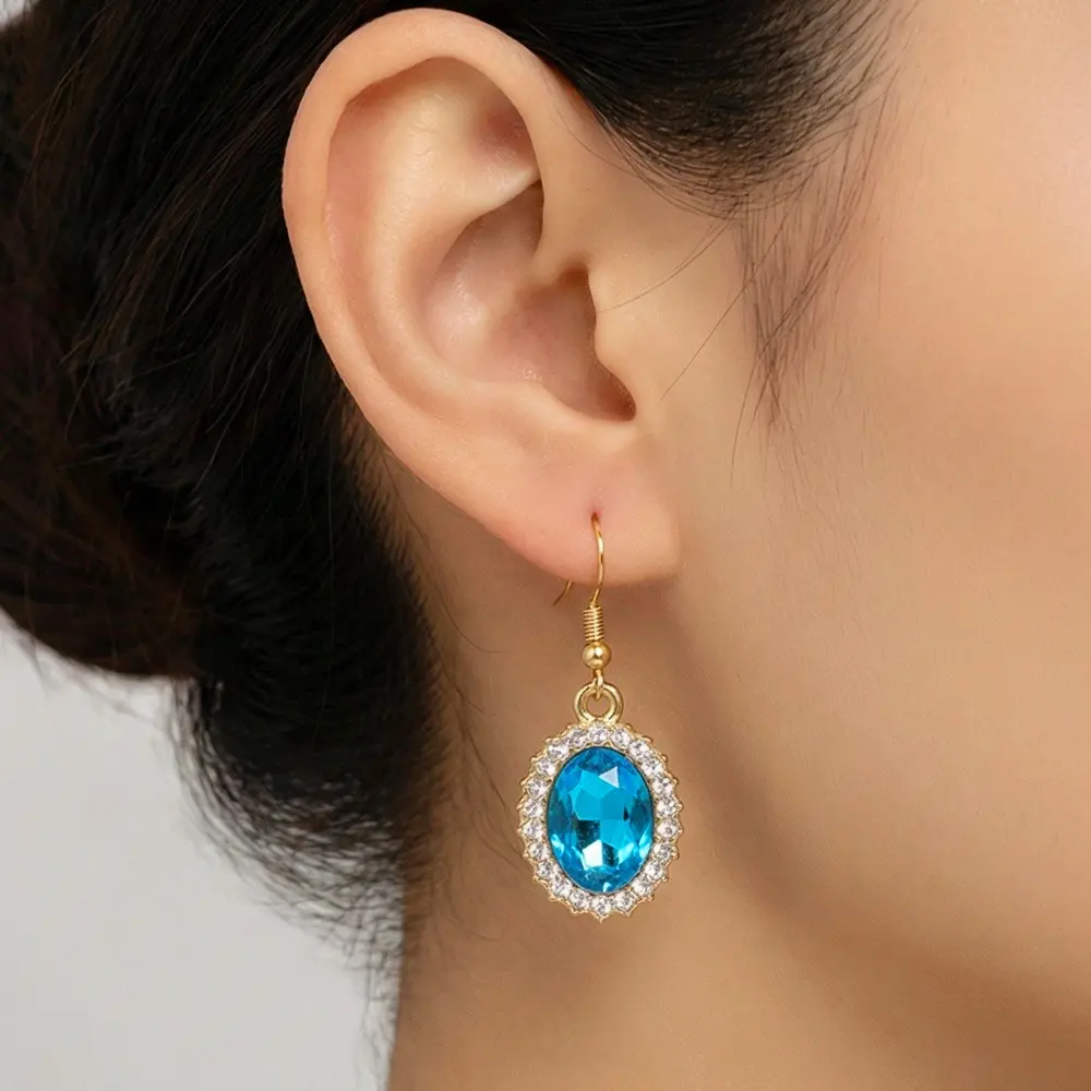 GR Anting Gantung Vintage Safir Biru Oval, Desain Warna Emas Bertatah, Tampilan Berkilau
