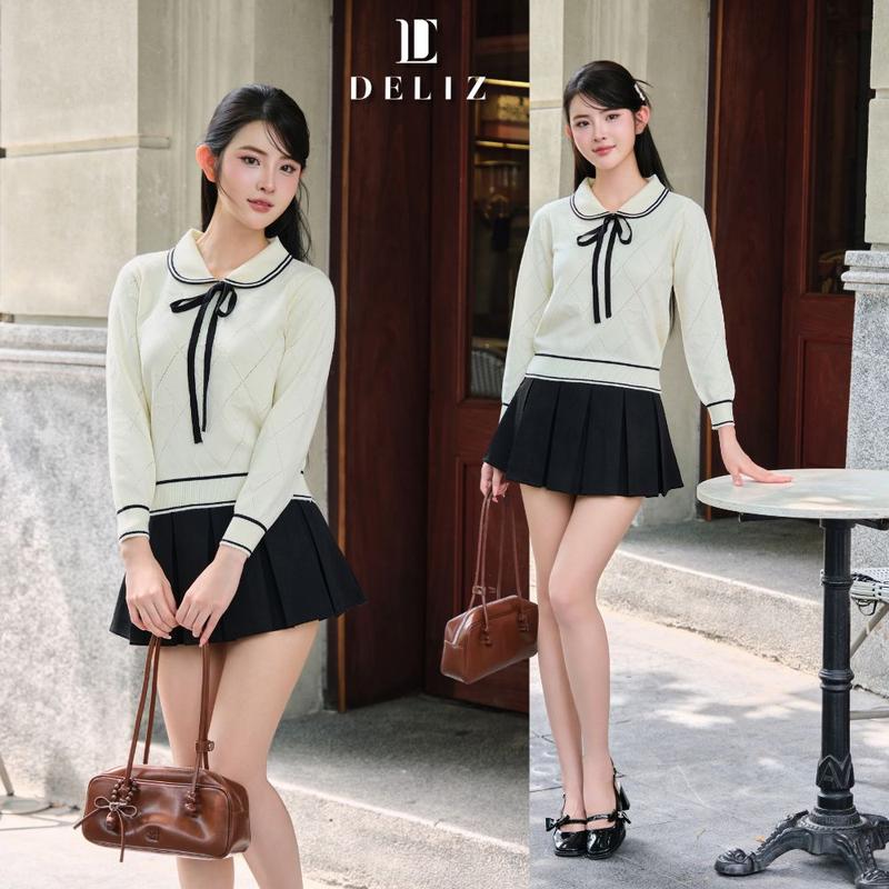 DELIZ - Áo len dài tay cổ sen phối nơ điệu đà basic hoạt tiết dệt trám AL64