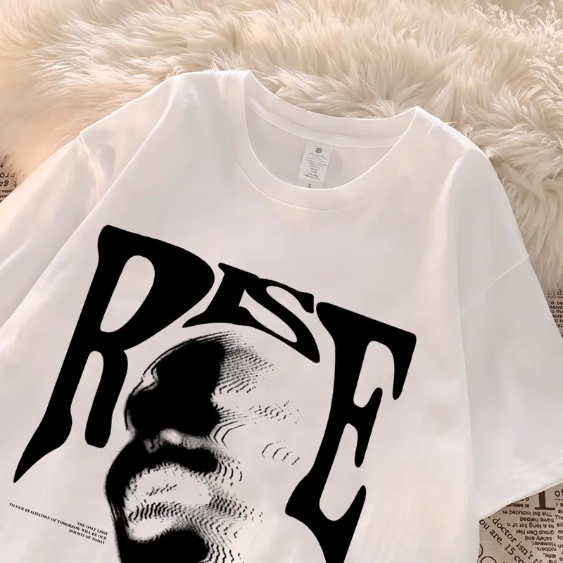 American retro Style T-shirt Oversize Distorted portrait print | Kaos Wanita Putih | Metallica Kaos pria dan wanita 1
