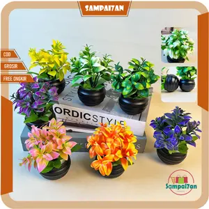 Tanaman Hias Mini Bunga Bonsai Plastik Artificial Dekorasi Ruangan Pajangan Buatan Sepaket Pot PBP219