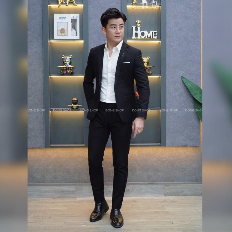 Veston Nam TẶNG KHUY CÀI VEST Suit Đen Luxury - Chất Vải 79 Dày Dặn Bộ vest đen Áo vest Co Dãn Cao Cấp Menswear