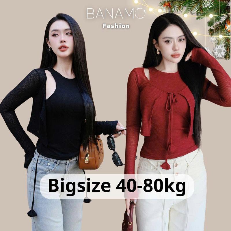  Set áo nữ BIGSIZE Banamo Fashion áo thun cổ tròn ôm body khoét vai phối áo cardigan mỏng dài tay có dây buộc nơ 3005 