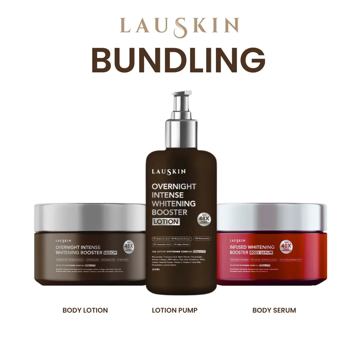 LAUSKIN - ALL VARIAN BODYSERUM | LOTION PUMP | LOTION POT  | Overnight Intense Whitening Booster Lotion | Infused Whitening Booster Body Serum 11X Active Whitening