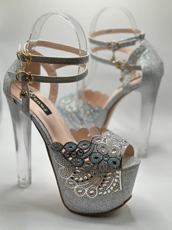 Product Introduction of Elegant Stone Heels Champagne Round Toe High Heel (5-8 cm) Women's Fashion - Stylish, Buckle, Padded, Footwear, Classy, Heeled, Girl, Walking Shoes glittery pointed woman 8