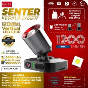 SENTER AOKI 80W 1300LUMENS 6000MH TAHAN 30JAM CAHAYA PUTIH & KUNING ZOOM IN ZOOM OUT