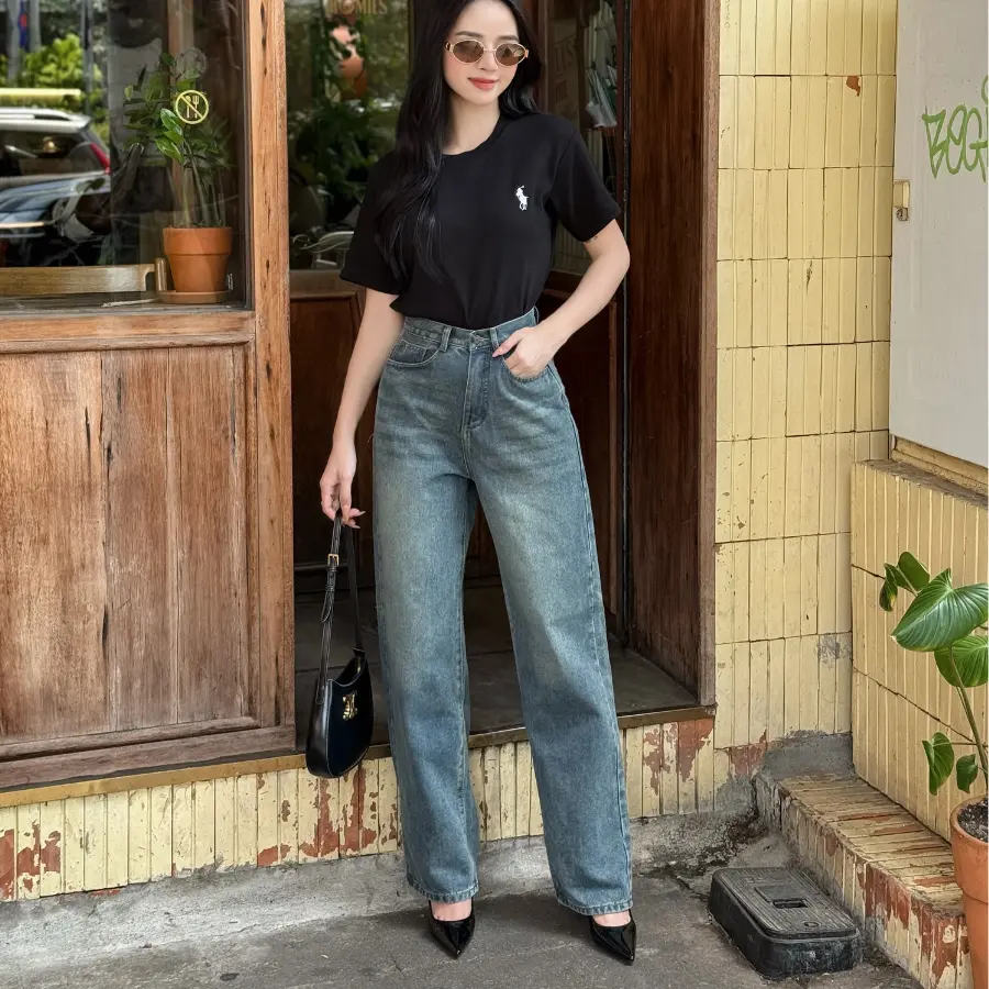 Quần Jean nữ ống suông, trơn, cạp cao, vải  cotton cao cấp, phong cách trẻ trung.