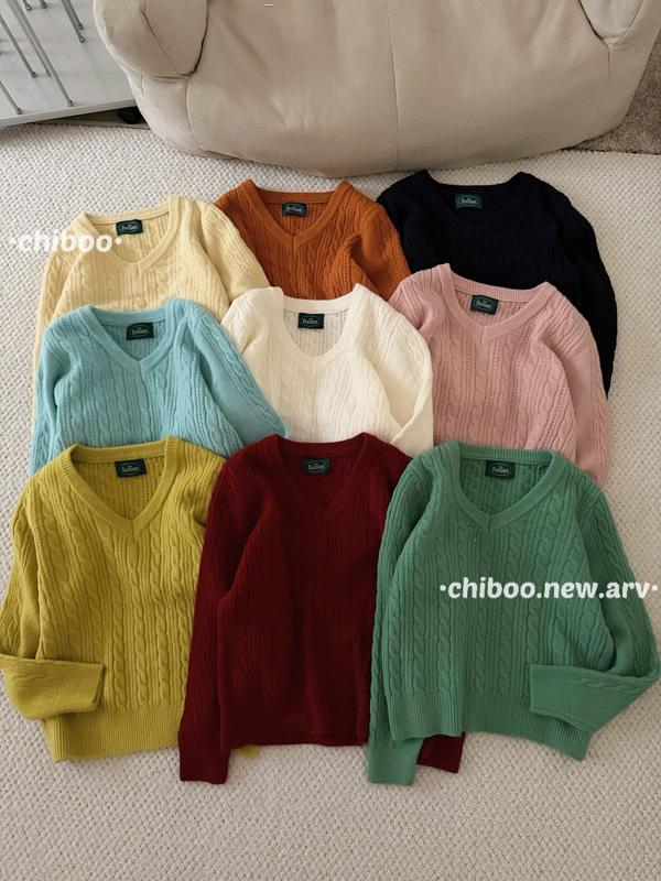 Áo Sweater Cổ Tim, Áo Len Lông Thỏ Dài Tay Phối Len Vặn Thừng Bo Gấu Nhiều Màu Hàng Qccc Orangecloset Women Nữ