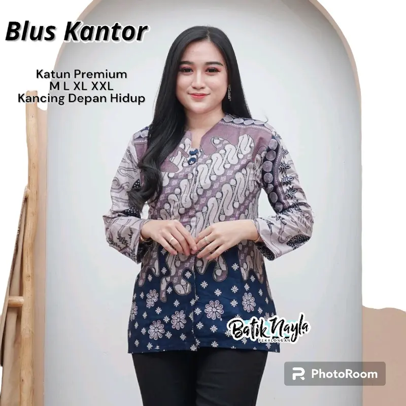 Blus Batik Wanita Atasan Batik Wanita Kantor Kawung Manggar Abu Cumi Sakura 3