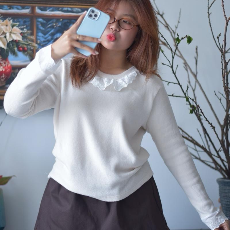   BST TẾT  Áo len nữ bigsize cổ bèo viền ren tay dài phong cách tiểu thư basic dễ phối - Mia Bigsize 