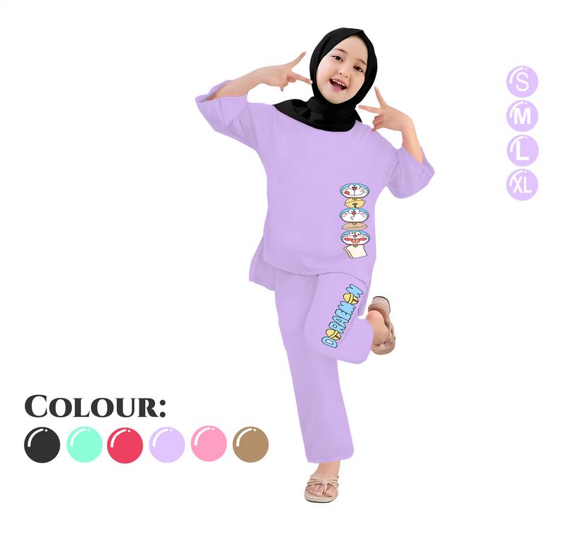 Baju Setelan Anak Perempuan - Pakaian Kaos dan Celana Panjang Anak Cewek Fashion Motif Belah Usia 4-13 Tahun - DORAEMON HEAD 1