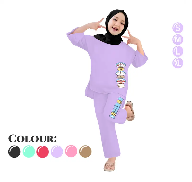 Baju Setelan Anak Perempuan - Pakaian Kaos dan Celana Panjang Anak Cewek Fashion Motif Belah Usia 4-13 Tahun - DORAEMON HEAD 1