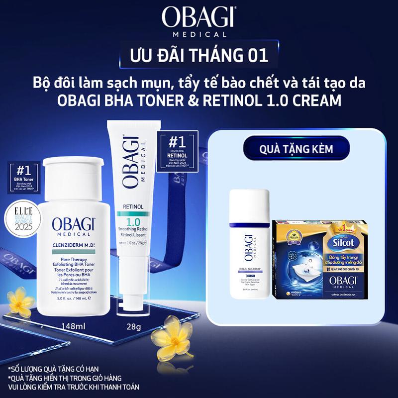 Bộ đôi dưỡng da Obagi: Toner BHA hỗ trợ làm sạch mụn và tẩy tế bào chết MEDICAL CLENZIDERM M.D. PORE THERAPY EXFOLIATING BHA TONER 148ml & Kem dưỡng RETINOL 1.0 28g