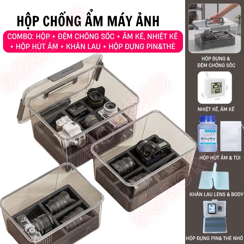 Combo hộp chống ẩm cho máy ảnh DSLR Mirrorlessi Bridge Compact chuyên dụng 6 trong 1 - Hộp đệm chống sốc ẩm kế hút ẩm
