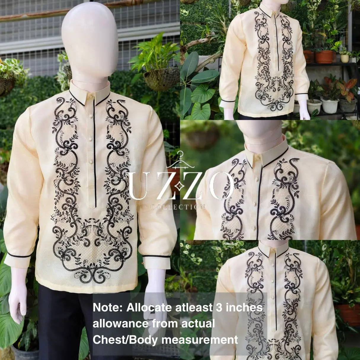 UZZO Barong Tagalog Modern Collar Pinya Organza Black High Quality Filipino Formal Wear Graduation Oathtaking Wedding