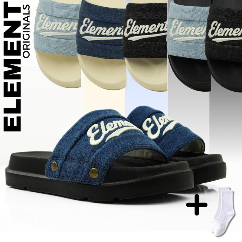 [TẶNG VỚ] E18 - Dép ELements Iconic Denim Unisex chữ thêu - (Slipper) Dép Elements vải jean đế bằng nam nữ - Element