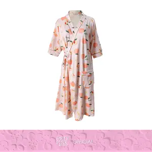 [ RedPink ] Kimono Piyama Dress Sleepwear Pajamas Leisure Motif Flavour Peach Sweet Kekinian Type V-Neck With Saku Pocket Lengan Pendek Style Terlaris Spaneks Cotton Lembut Good Quality KMN