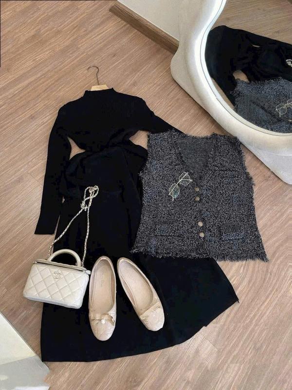 Set Váy Len Dài Tay Kèm Áo Gile Dạ Kẻ Khuy Đồng BIGSIZE Dưới 80KG