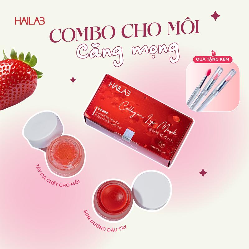  Son dưỡng môi dâu tây HAILAB hũ 10g   tặng tẩy tế bào chết môi dâu tây + 1 cọ son silicon   