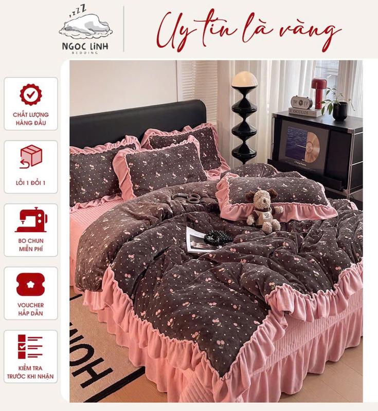  Bộ chăn ga gối 4 món nỉ nhung sữa phủ bèo thiết kế sang trọng,điệu đà   SET VỎ-không có ruột   
