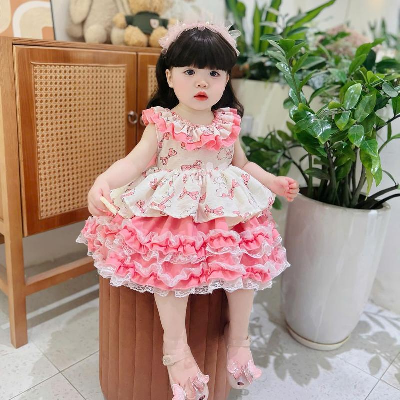 Váy Nơ Hồng Nhiều Tầng Chất Đũi Kèm Chip Và Tuban 5-12 Kg,Váy Cho Bé Gái Đầy Tháng Sinh Nhật