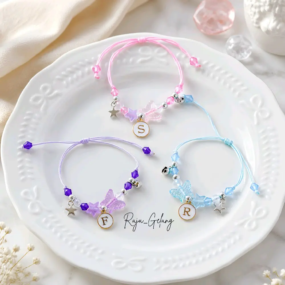 Gelang Tali Giok Model Serut Bintang Kupu Dengan Kerincing Kecil Bisa Pilih Inisial Huruf Dan Model Warna Bracelets