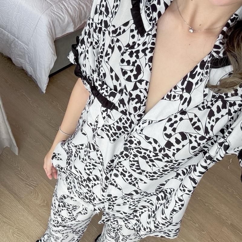 Piyama motif pita panjang black white bahan rayon 2