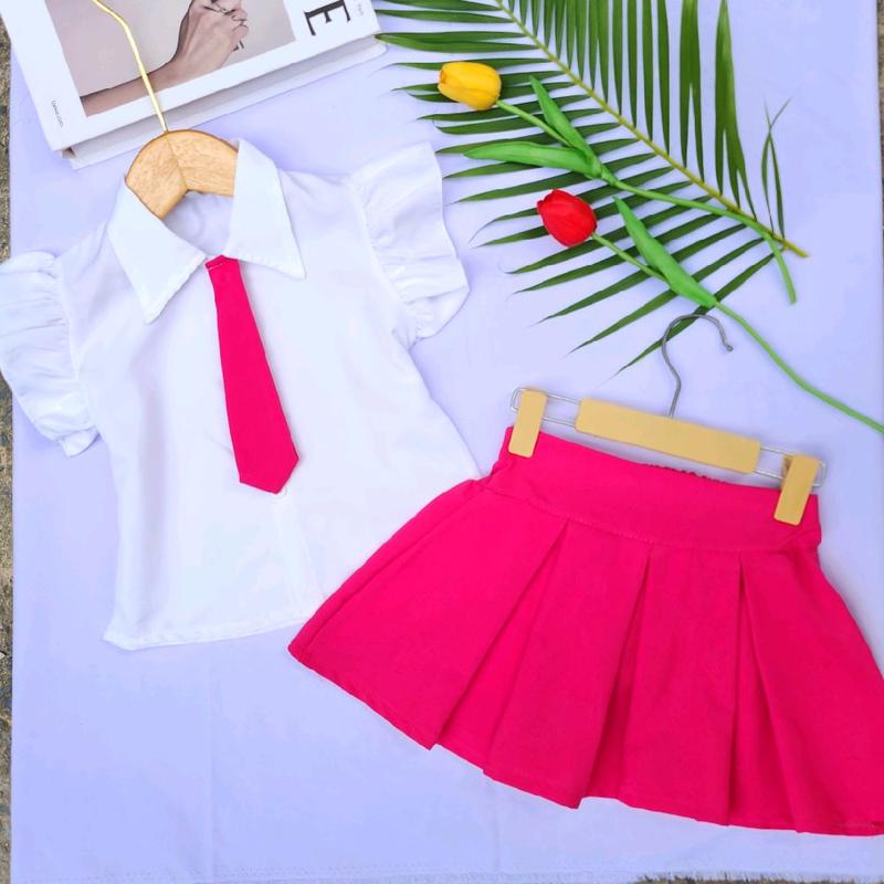 (9-30kg) Set áo sơ mi tay cánh tiên + cà vạt vải lụa mềm + chân váy xếp ly chất vải tuyết mưa mềm mịn