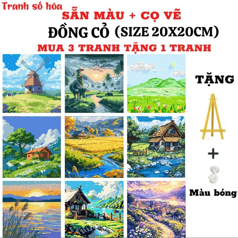 Tranh tô màu theo số phong cảnh Đồng Cỏ đã căng khung kích cỡ 20x20cm Mua 1 tranh Tặng 1 kệ để tranh 1 màu bóng màu tô cọ vẽ móc treo tranh mua 3 tranh tặng 1 tranh tặng 4 kệ gỗ 4 màu bóng Diy Vẽ Tranh