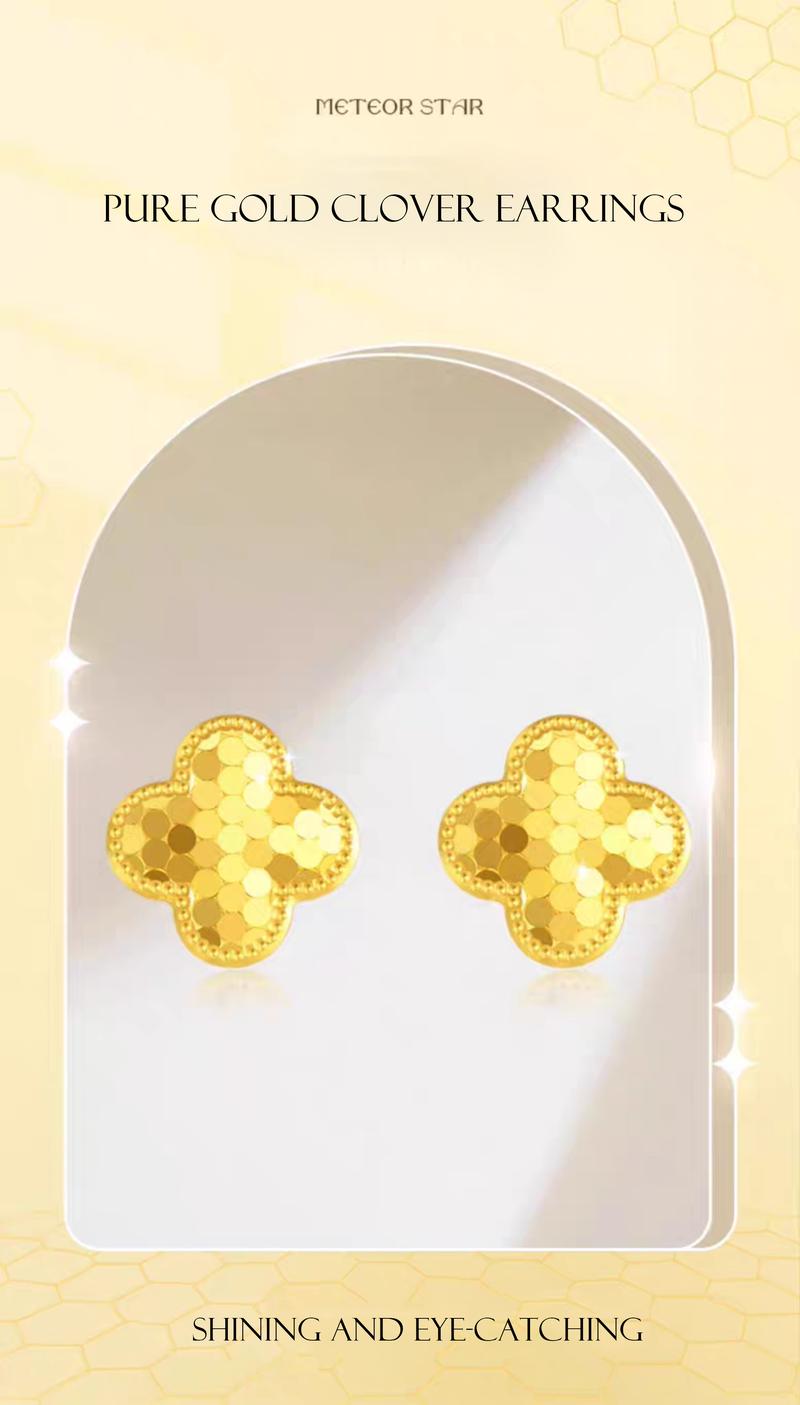 Product Introduction of 【Pre-order】Au999 Pure Gold 24K Shining Clover Fish-scales Daily Fashion Jewelry Earrings 1