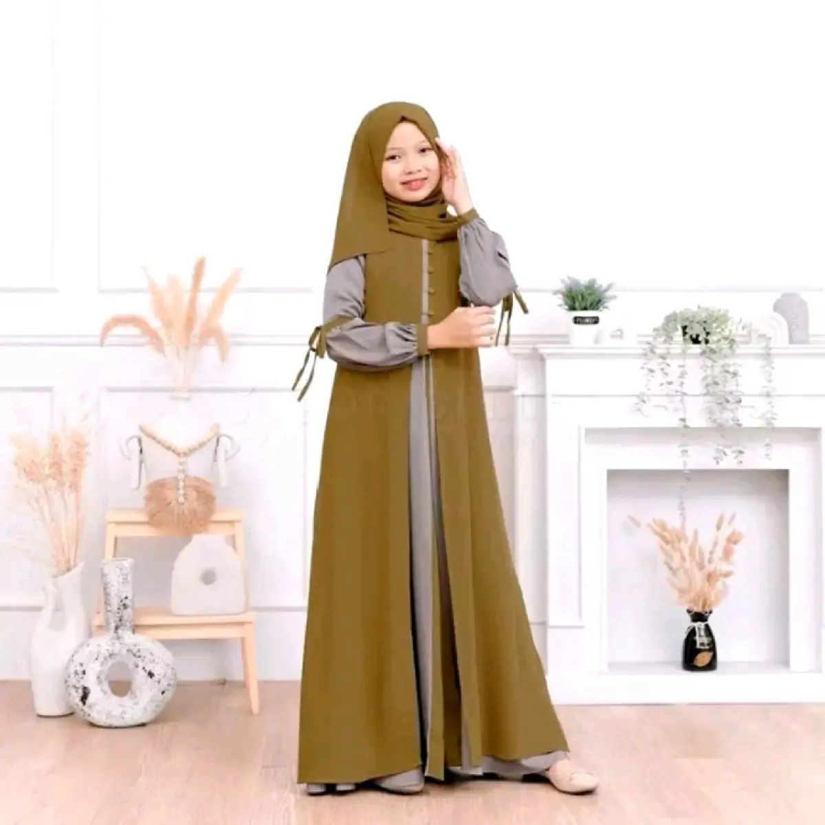 gamis Remaja syar'i+krudung pashmina rekomendasi lebaran usia 8-15 tahun Muslim Mewah Syari Crinkle Maxi Ceruty Anak