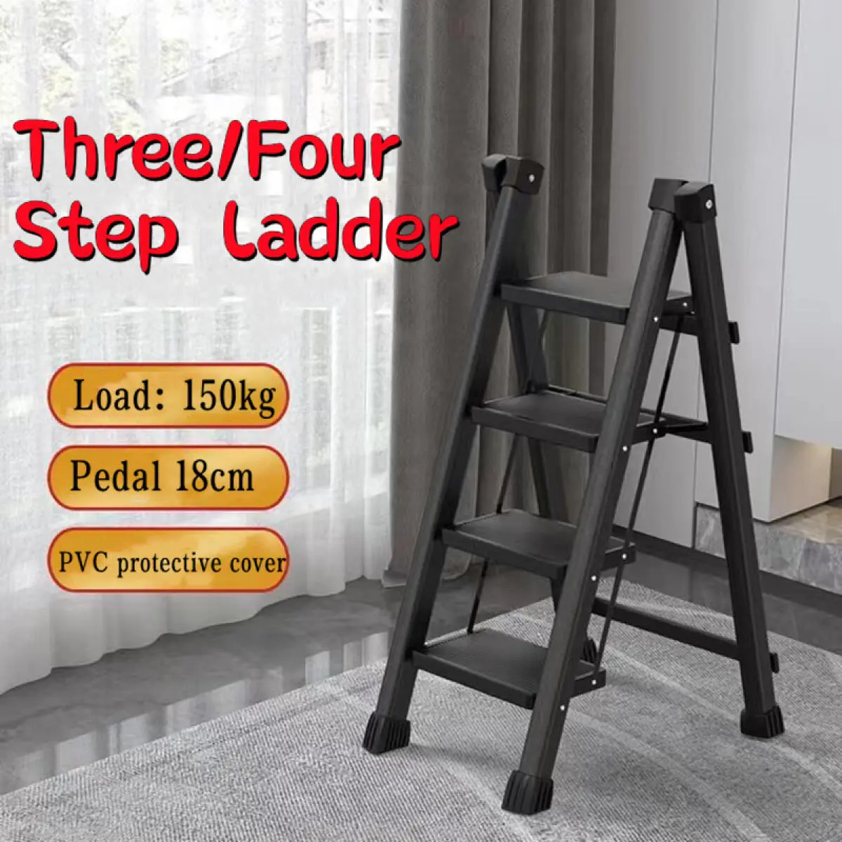 [SG SELLER LOCAL STOCK]Household Step Ladder 3/4 Steps Black Foldable Step Ladder Load 150kg