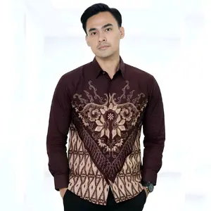 WARNA MAHOGHANI TREN KEMEJA BATIK PRIA LENGAN PANJANG REGULAR BAJU BATIK COWOK TERBARU Dewasa Coklat Atasan Printing Flanel Slimfit