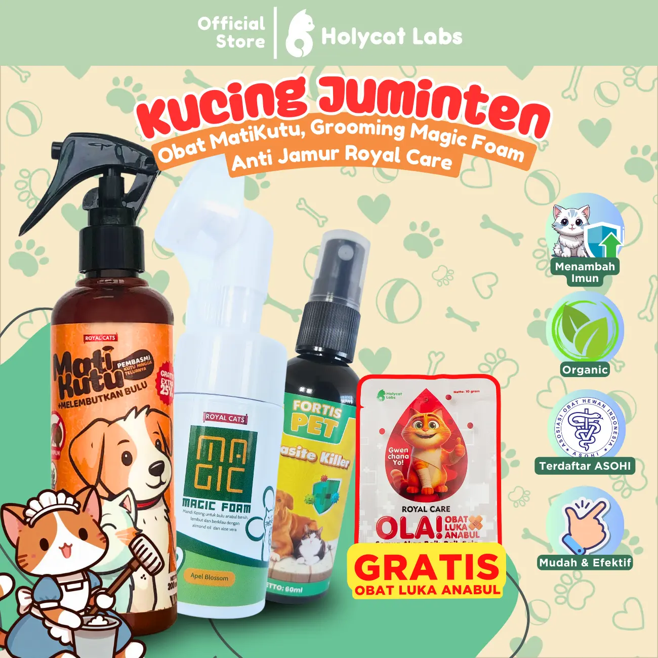 Holycatlabs Paket Obat Kucing JUMINTEN Matikutu 250ml - Magic Foam 100ml - Fortis 60ml Free Gift Ola