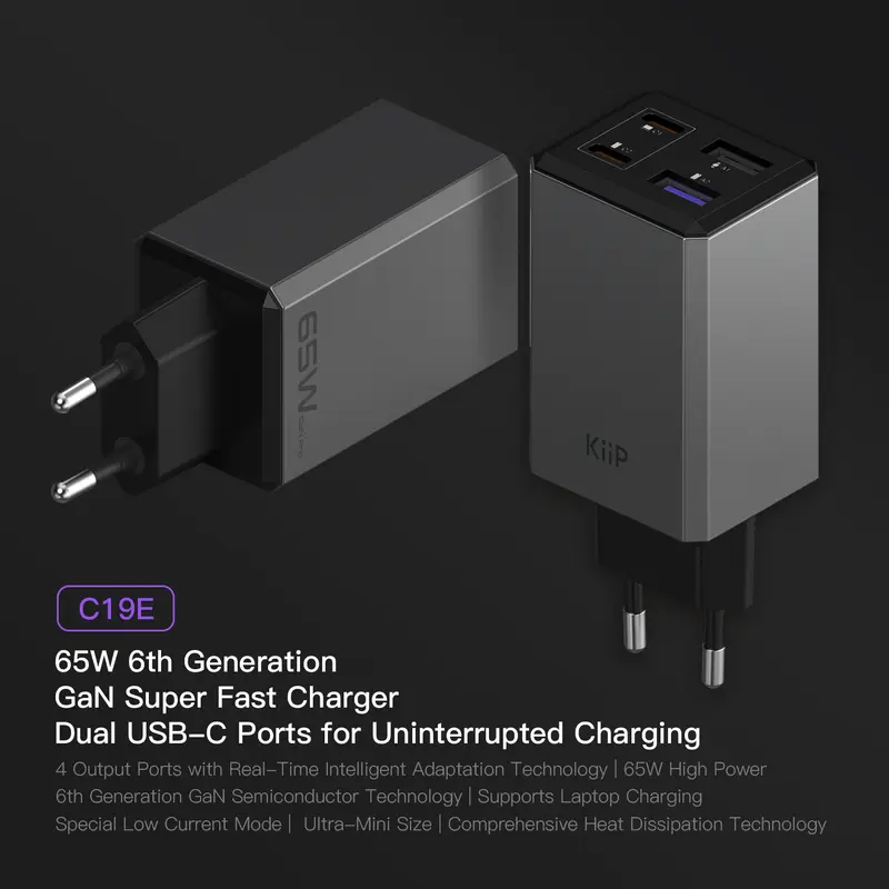 KiiP Wireless C19E Kepala Charger Adaptor GAN6 Fast Charging 65W 2C+2U tanpa Kabel 2