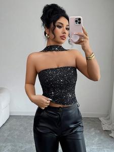 Top de moda halter de valor para mujer, tejido de punto con lentejuelas color plata, capa interior de otoño invierno, elegante y cómodo