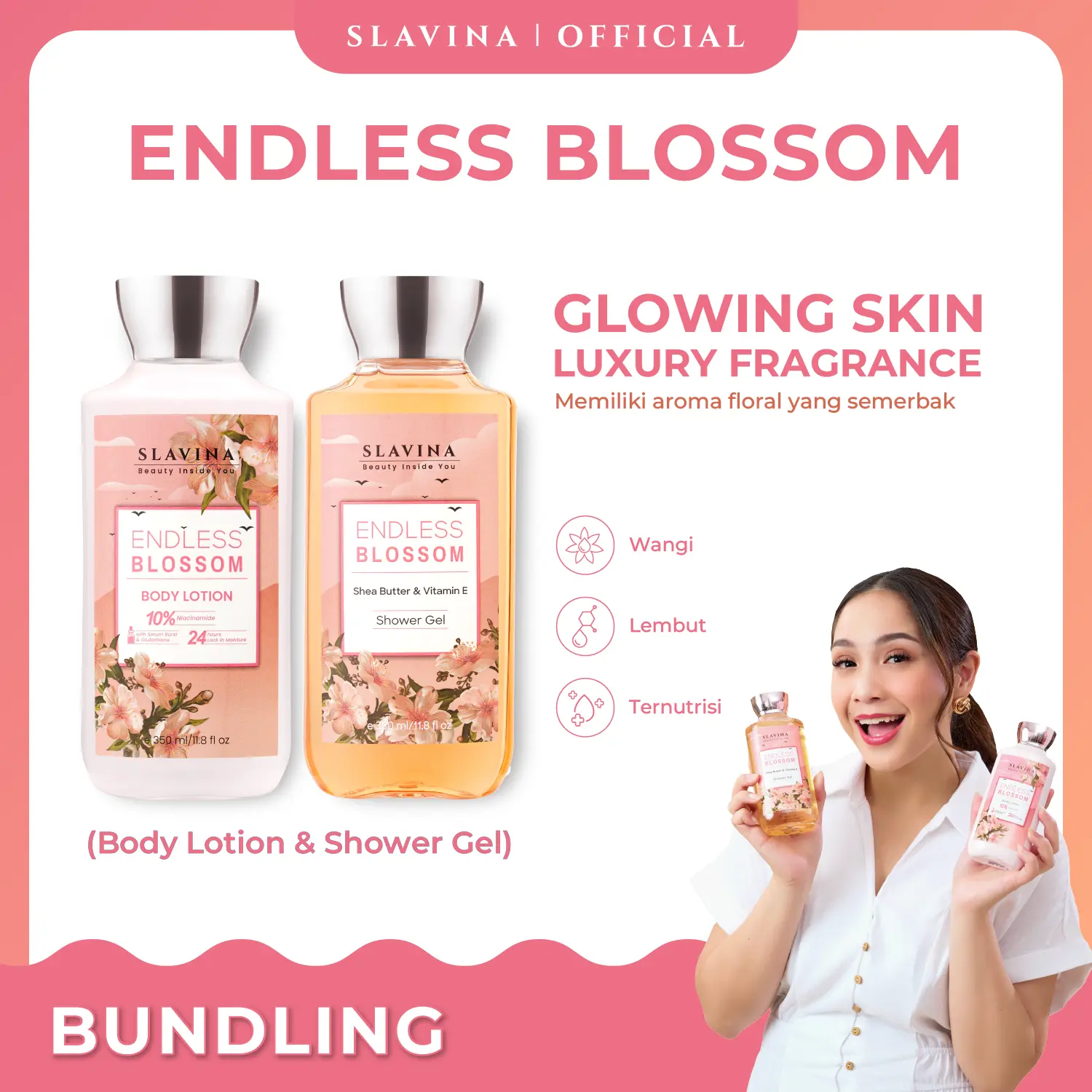 SLAVINA Endless Blossom Body Care Body Lotion dan Shower Gel by Nagita Slavina Moisturizer dan Sabun Mandi Cair 350ml Perawatan Tubuh Kering Memutihkan Tangan