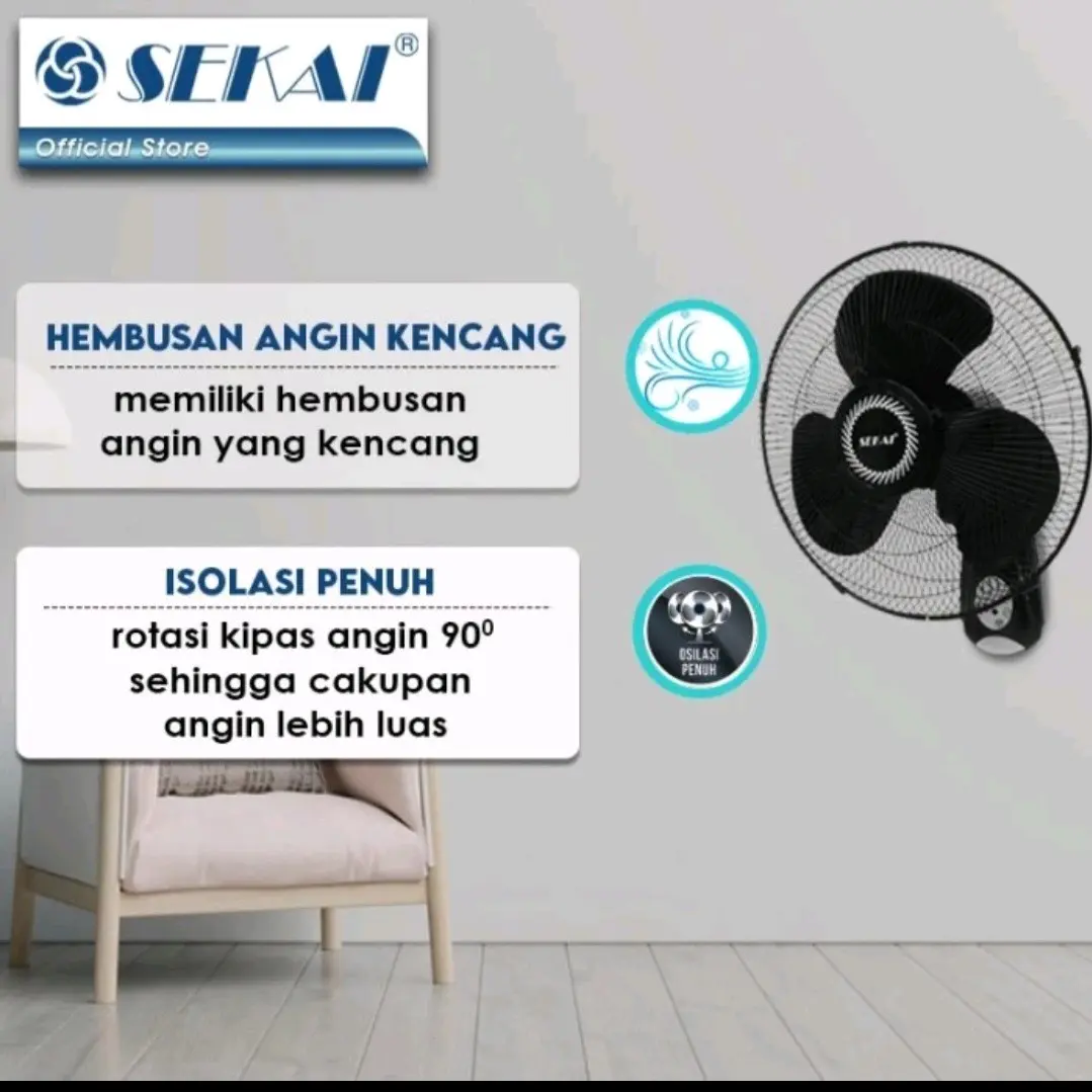 KIPAS ANGIN WALL FAN REMOT SEKAI 16 IN DINDIN 1628RC BLACK
