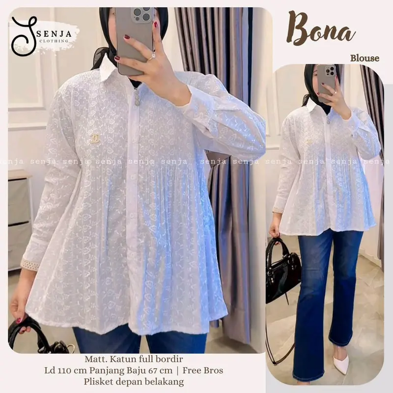 (BONUS BROSS) - Franda blus polos bordir putih Baju Kancing Katun Muslim Wanita Atasan Top Kerja 1