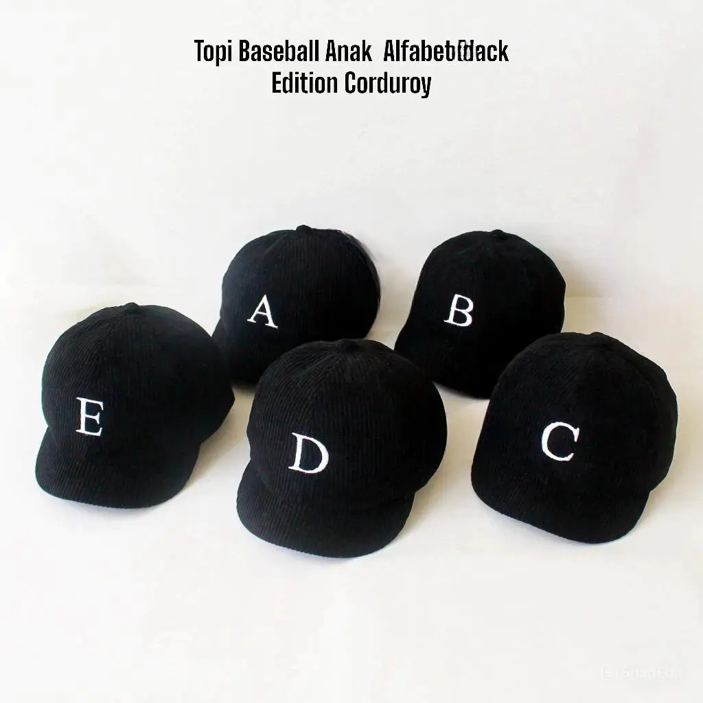 Topi Anak Cewek Cowok INISIAL A-Z Warna Cream Dan Hitam Bahan Korduroy |  Usia 6 Bulan - 3 Tahun
