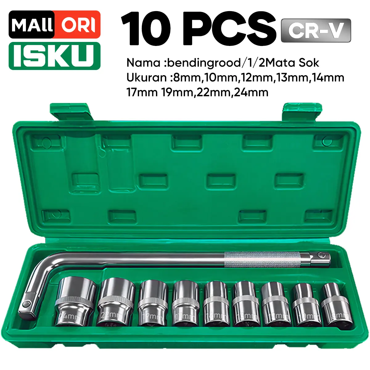 ISKU Kunci Sok Set 10Pcs 1/2 Inch - Mata Sok 9Pcs 8-24mm 6PT + Gagang Sok L - Kunci Shock Set Tool Kit Perkakas