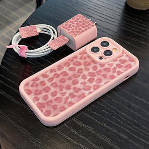 Set de 5 Piezas Funda para Teléfono de Estampado de Leopardo, Cubierta para Cabeza del Cargador, Protector de Cable, Cuerda de Almacenamiento, Funda de Tpu Anticaídas para iPhone 6/7/8/x/11/12/13/14/15/16/17 Pro Max