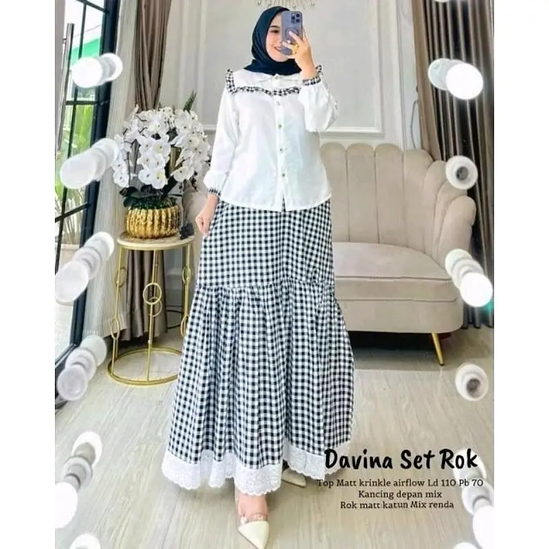 Setelan Baju Wanita Kekinian Davina Set Rok Bahan Atasan Crinkle Airflow Rok Katun Mix Renda Mewah