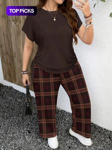Conjunto de dos piezas para mujer talla grande, top holgado de manga corta y pantalón recto a cuadros, moda casual para todas las estaciones