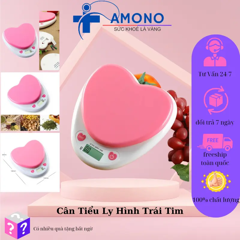Cân tiểu ly điện tử nhà bếp 0.1G - 3KG hình trái tim hồng, cân điện tử nhà bếp làm bánh độ chính xác cao - AMONO