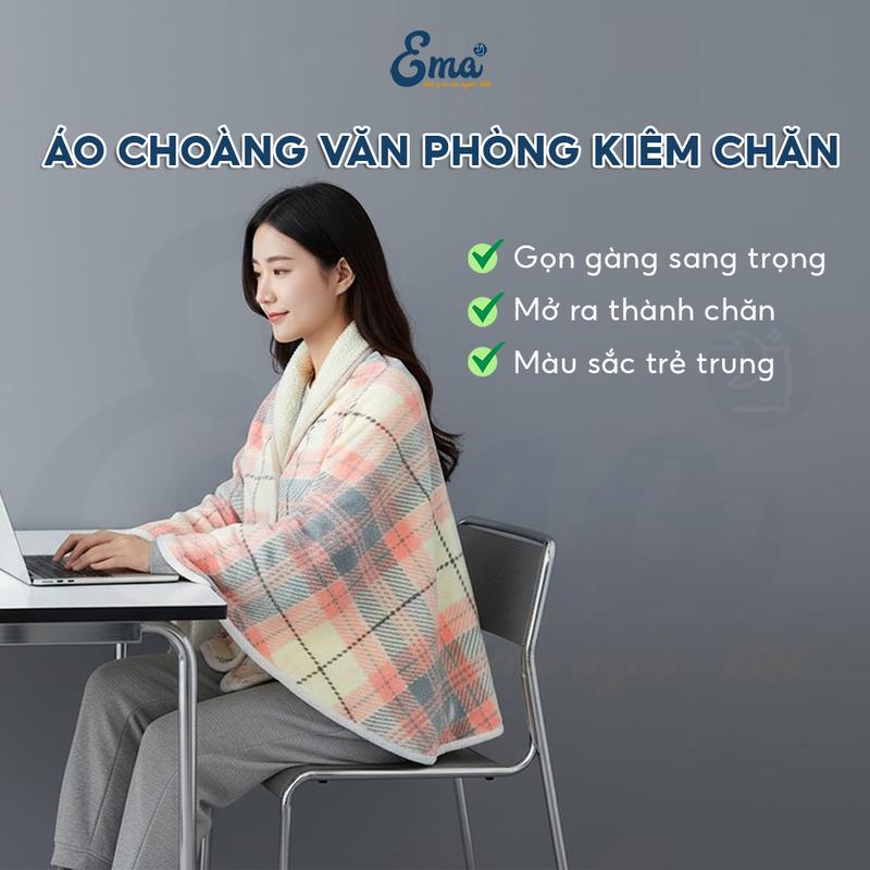 Áo choàng văn phòng Ema - Kiêm chăn công sở 2 lớp dày dặn chăn flannel chăn cài cúc áo choàng văn phòng