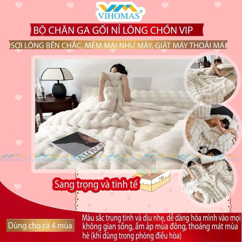 Bộ chăn ga gối nỉ lông chồn VIHOMAS bedding, lông mềm mướt, sang xịn, sét: 4 món