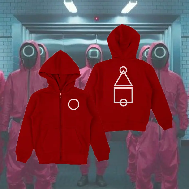 Jaket Sweater Hoodie Zipper Anak Squid Game 2 Staff Guard Uniform size. m. untuk usia 3_5 thn 3-4 tahun 1