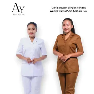 [019] A&Y Blazer Setelan Baju Seragam Khaki Tua & Putih Lengan pendek Wanita Terbaru - BAHAN SEMIWOL - Seragam PNS Guru Bidan lengan pendek